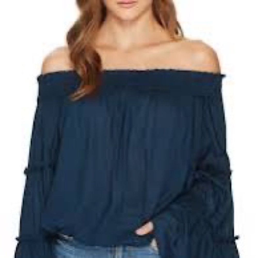 Free People navy blue off the shoulder bell sleeve trendy top | size XS